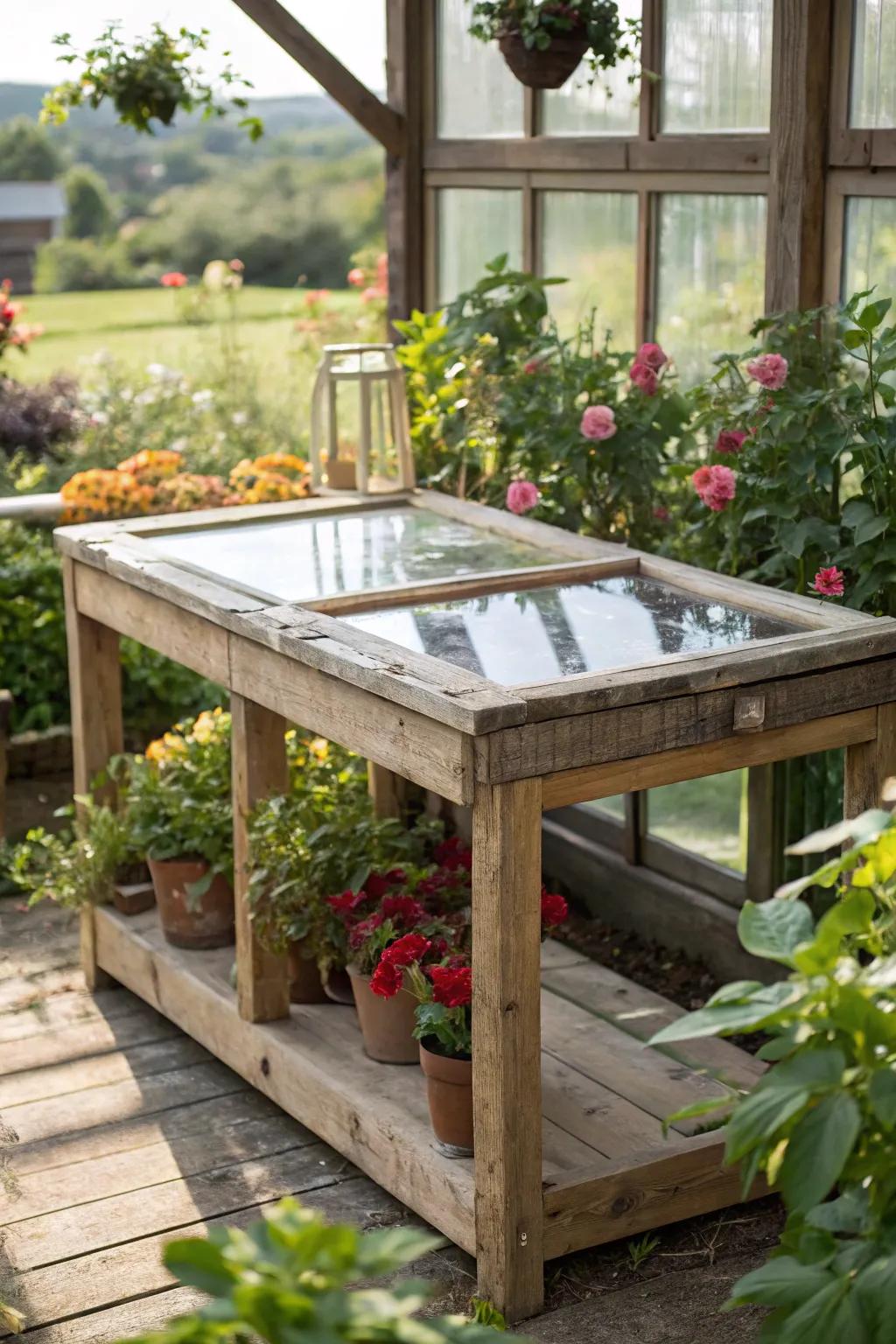 Handcrafted DIY table adding a personal touch to the greenhouse