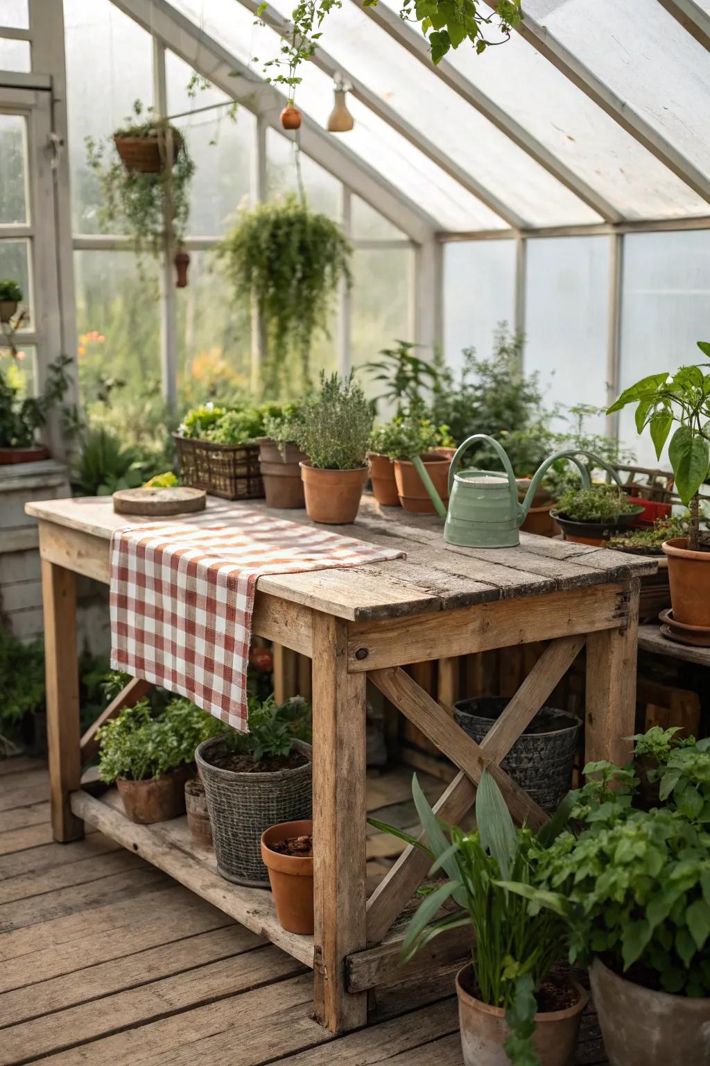Rustic charm with wooden tables in a greenhouse setting