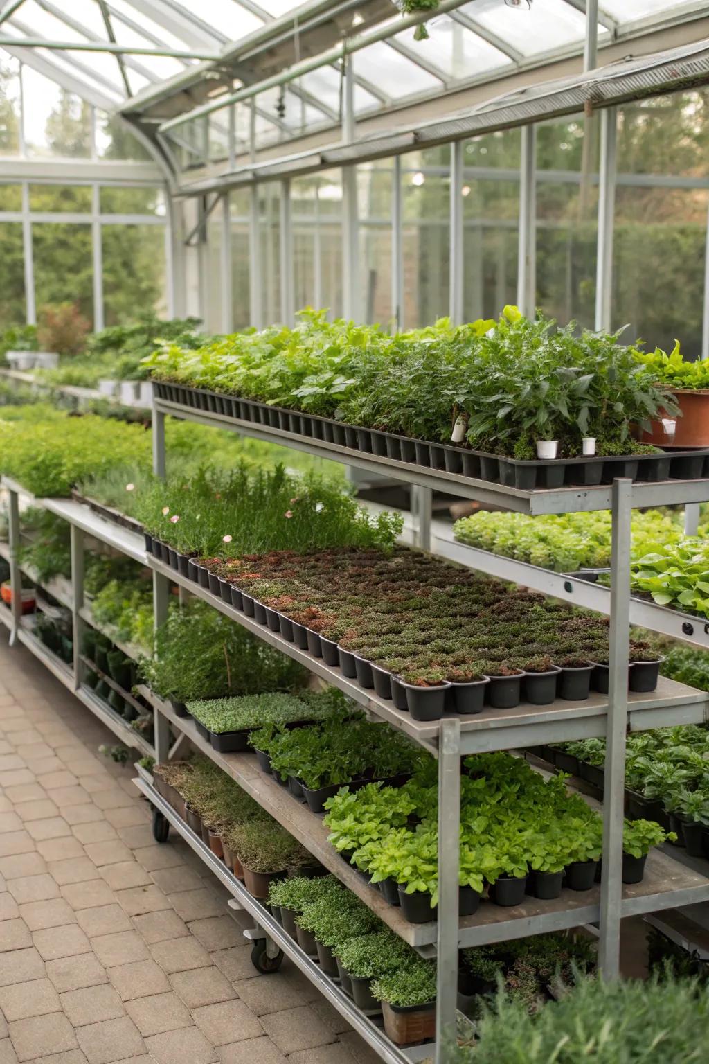Space-saving tiered tables for a more organized greenhouse
