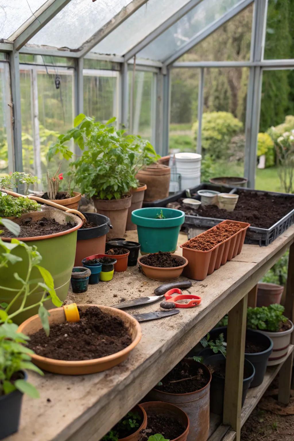 Potting table dedicated to nurturing young plants