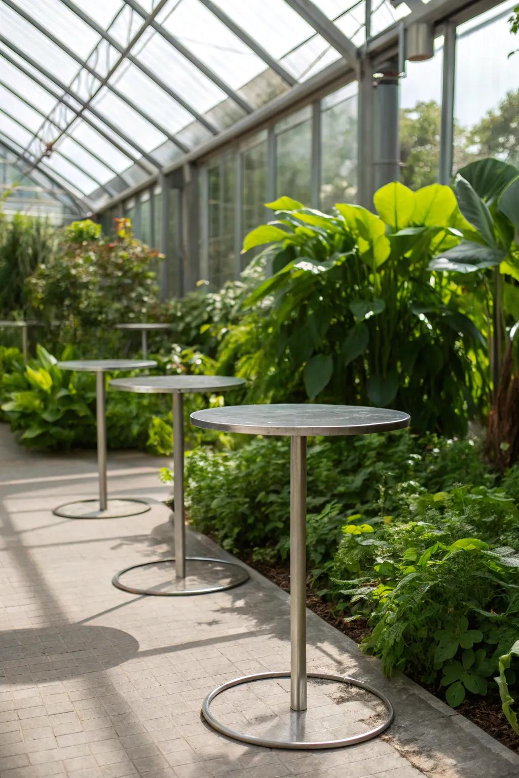 Metal tables add a modern touch to the greenhouse