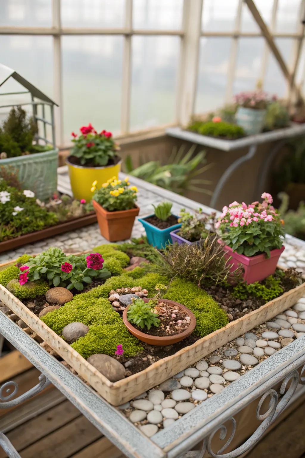 Miniature gardens add whimsy to greenhouse tables