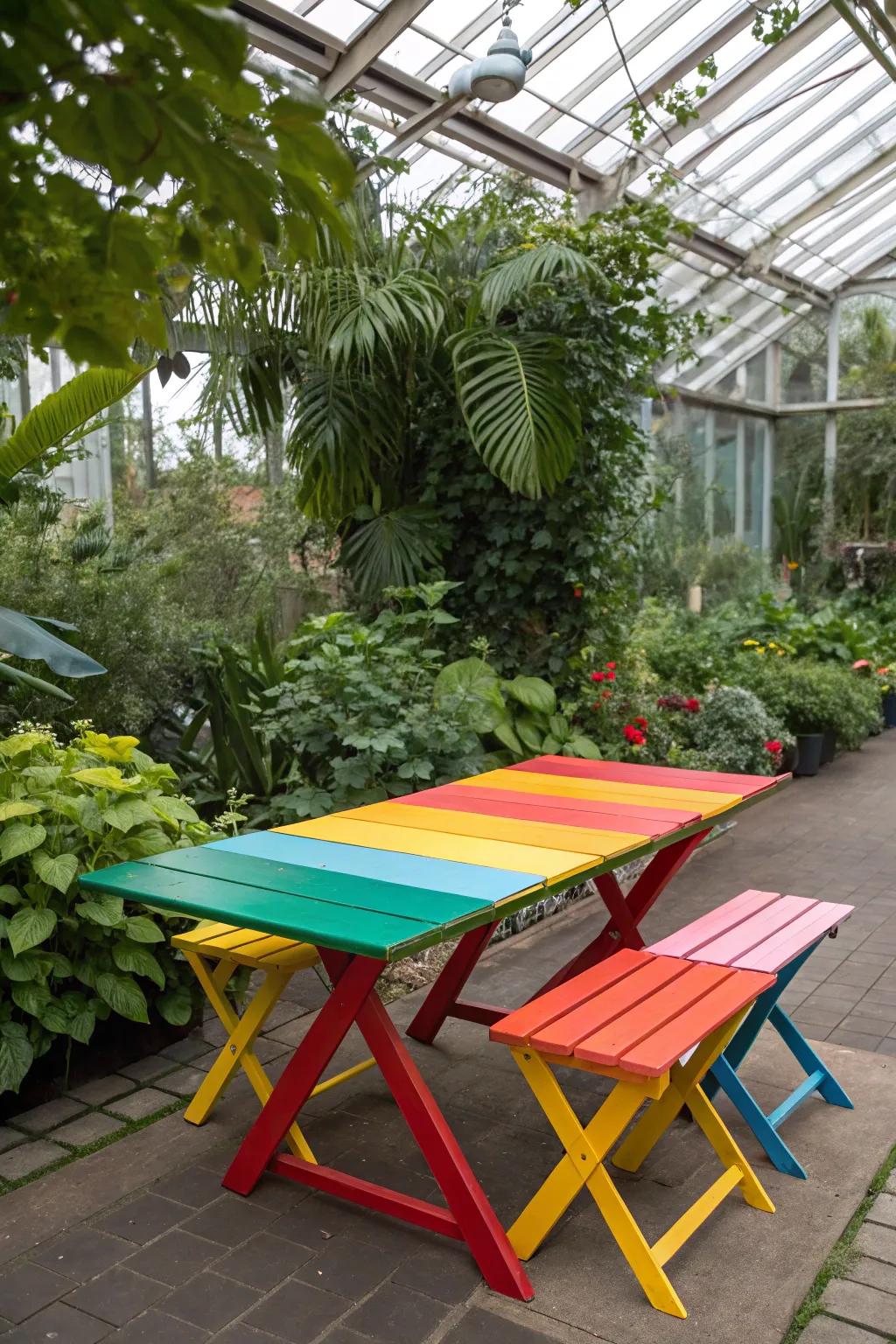 Colorful tables bring a vibrant twist to the greenhouse