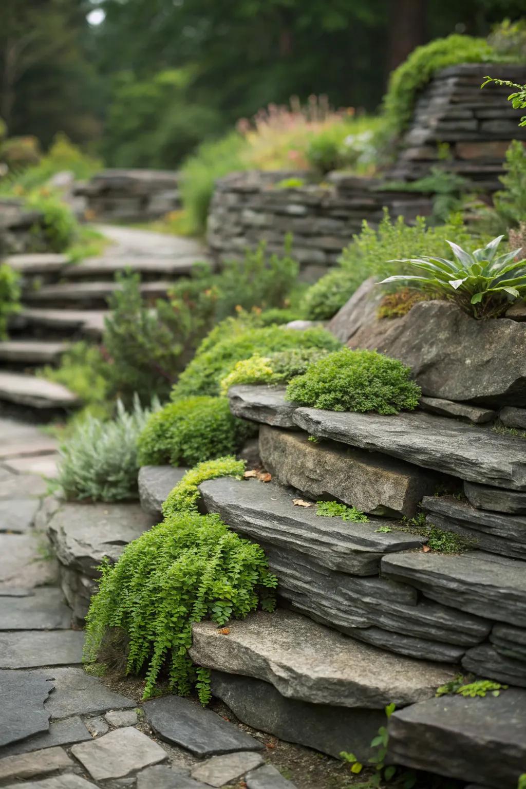Vertical slate landscaping adds height and intrigue.