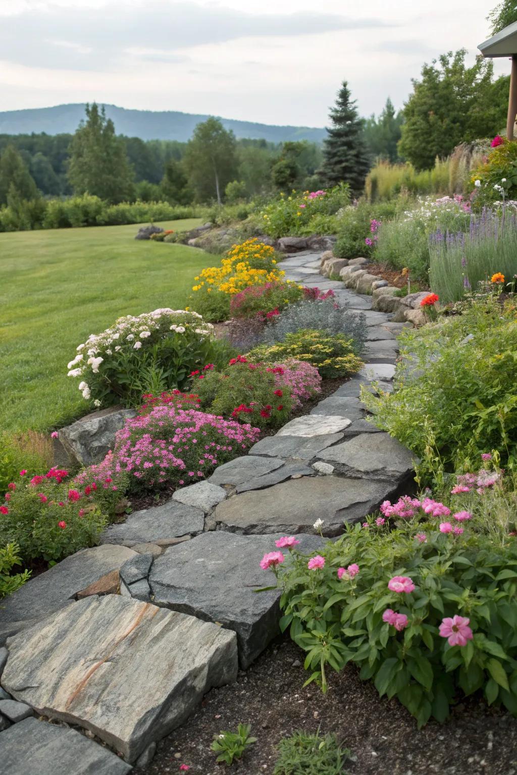 Slate rock borders provide a clean, natural edge.