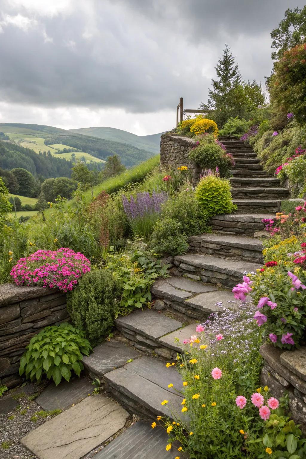 Terraced gardens with slate steps offer dimension and beauty.