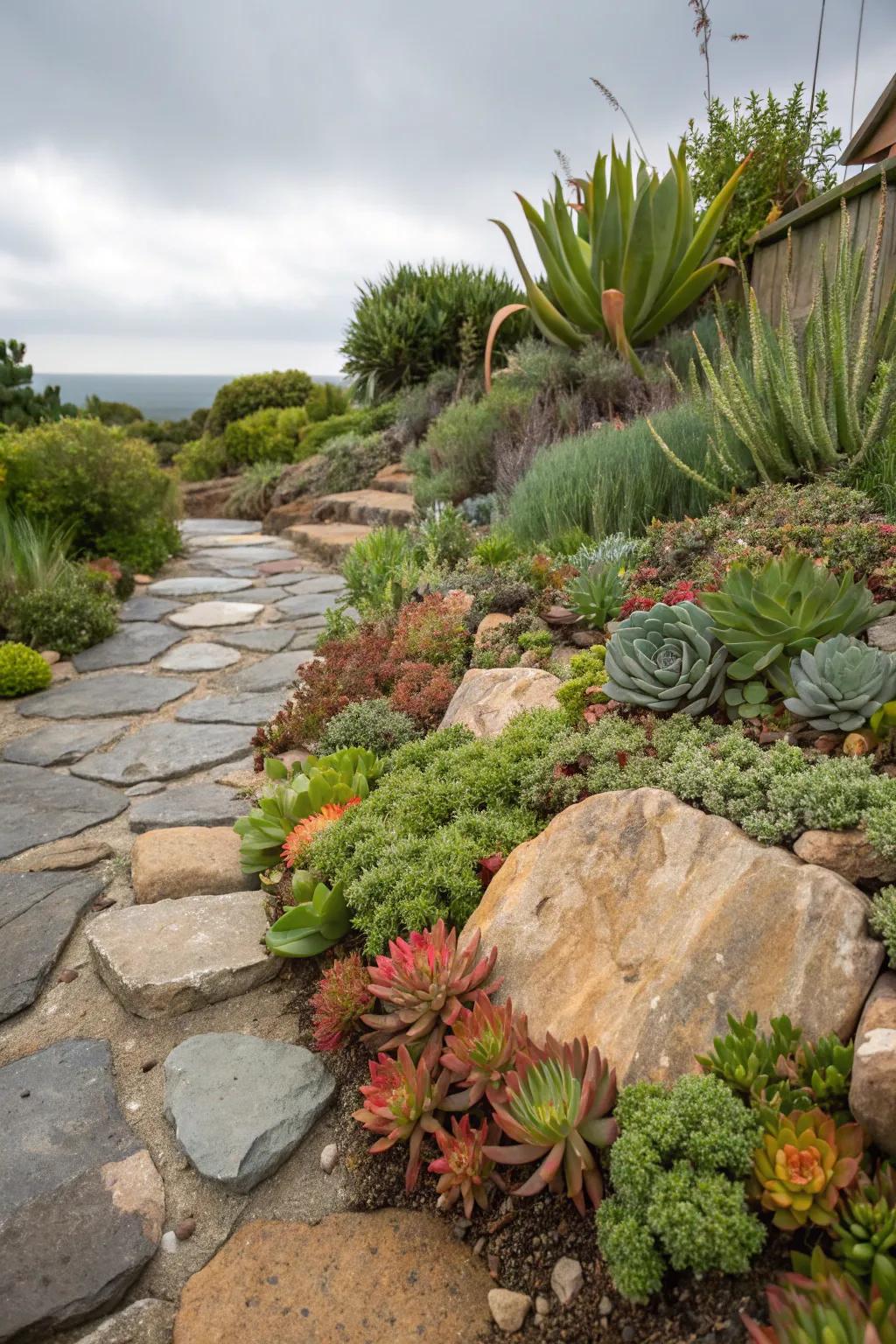 Slate rocks and succulents make a water-wise garden duo.