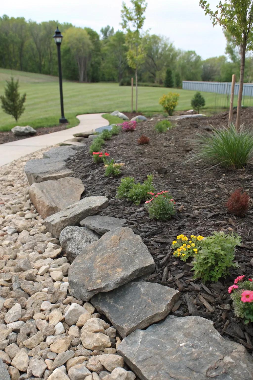 Slate rock mulch provides a stylish, low-maintenance option.