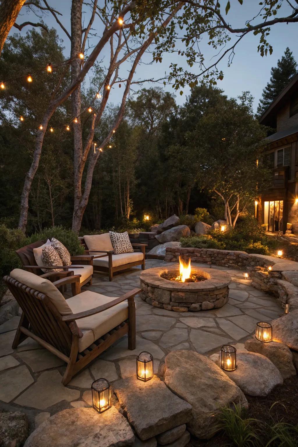 Slate rock fire pits create inviting outdoor gathering spaces.