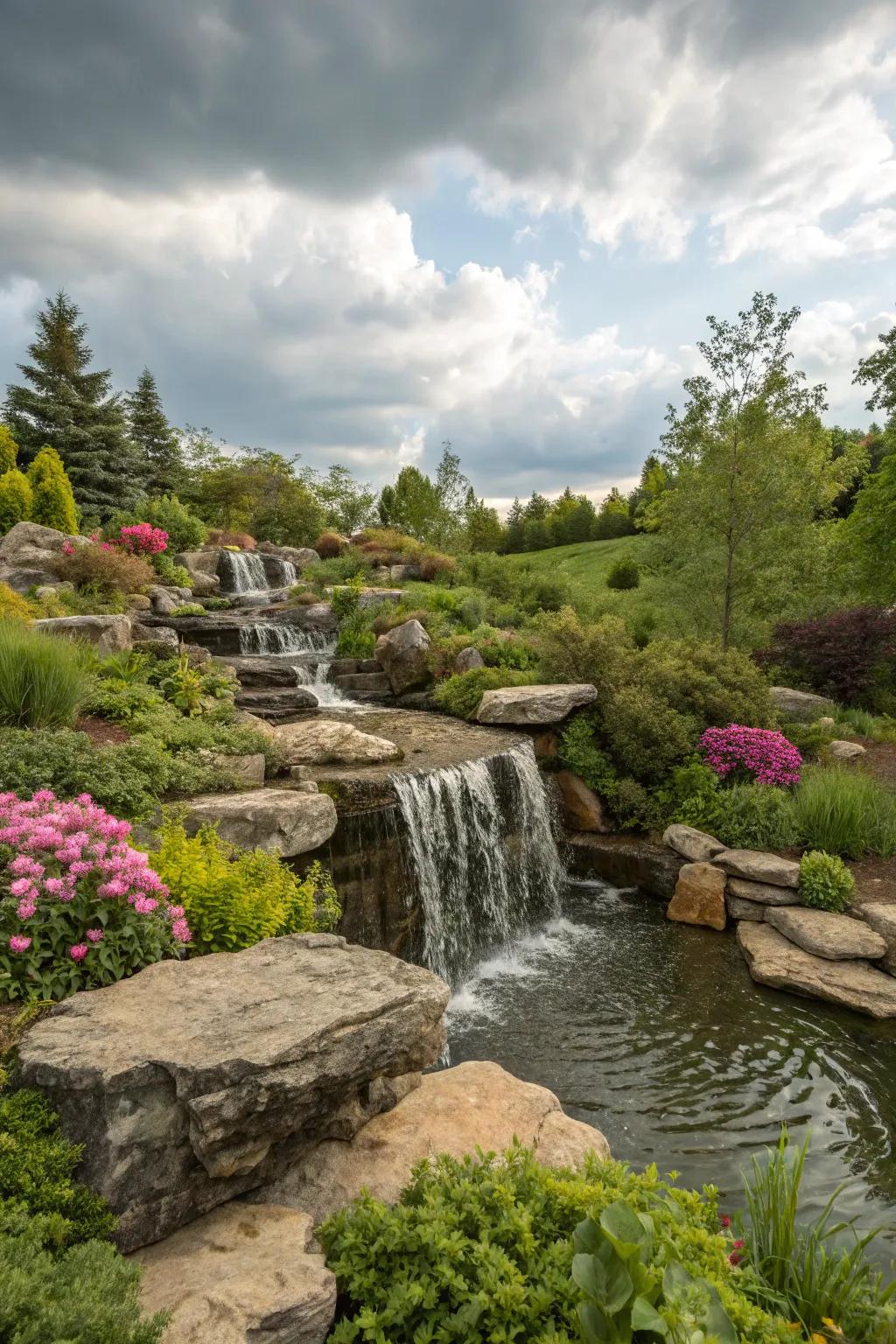 Slate rock waterfalls create a serene garden ambiance.