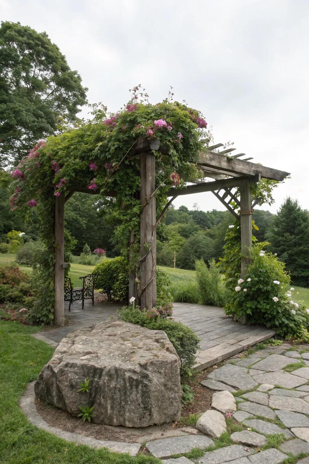 A slate rock base elevates the elegance of a pergola.
