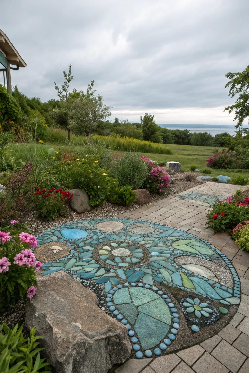 Slate rock mosaics add artistic flair to gardens.