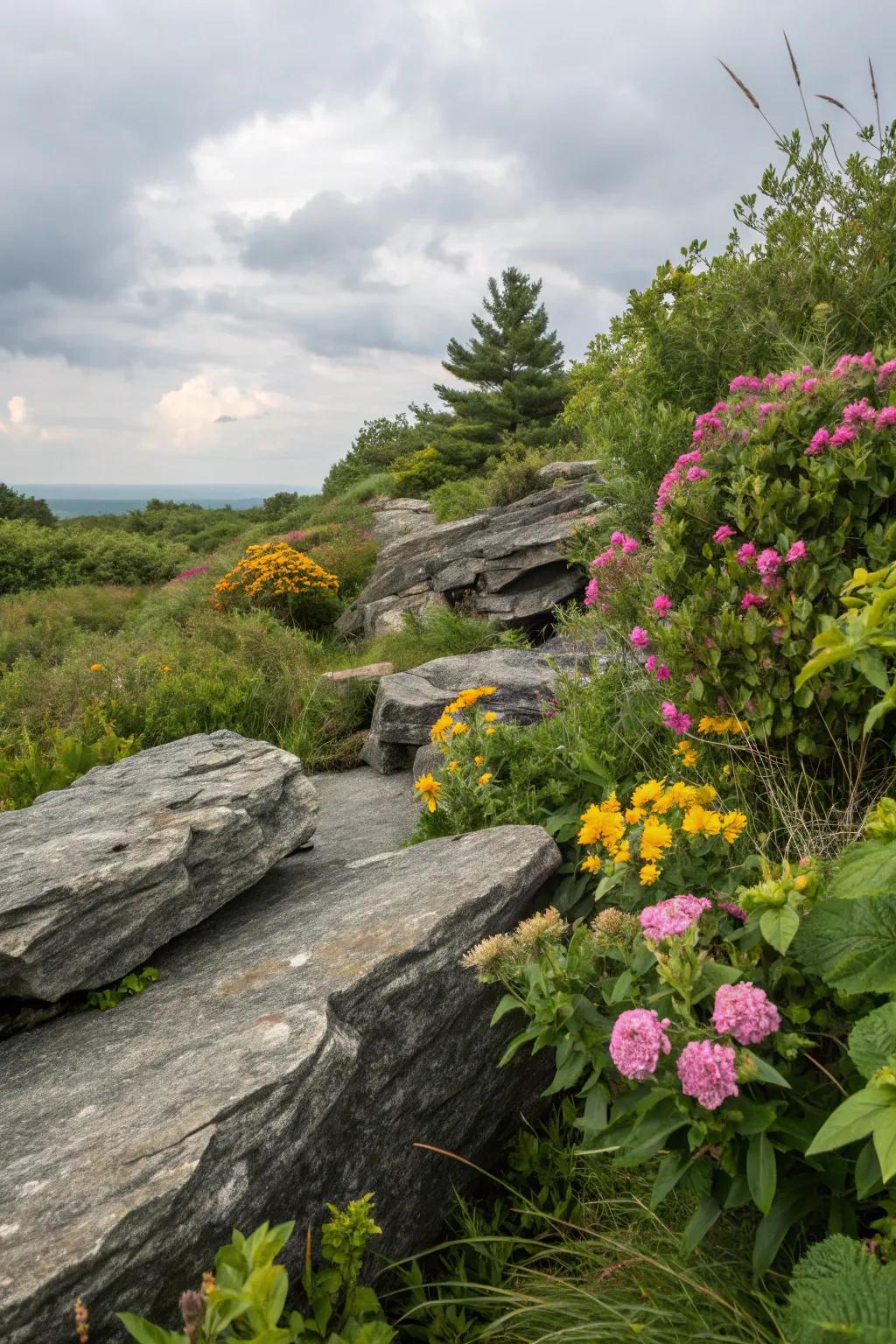 The contrast of slate rocks and colorful plants enhances visual appeal.