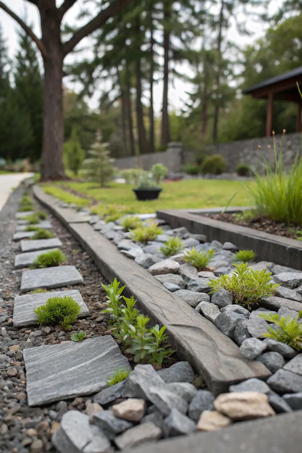 Slate rock beds offer a neat, low-maintenance solution.
