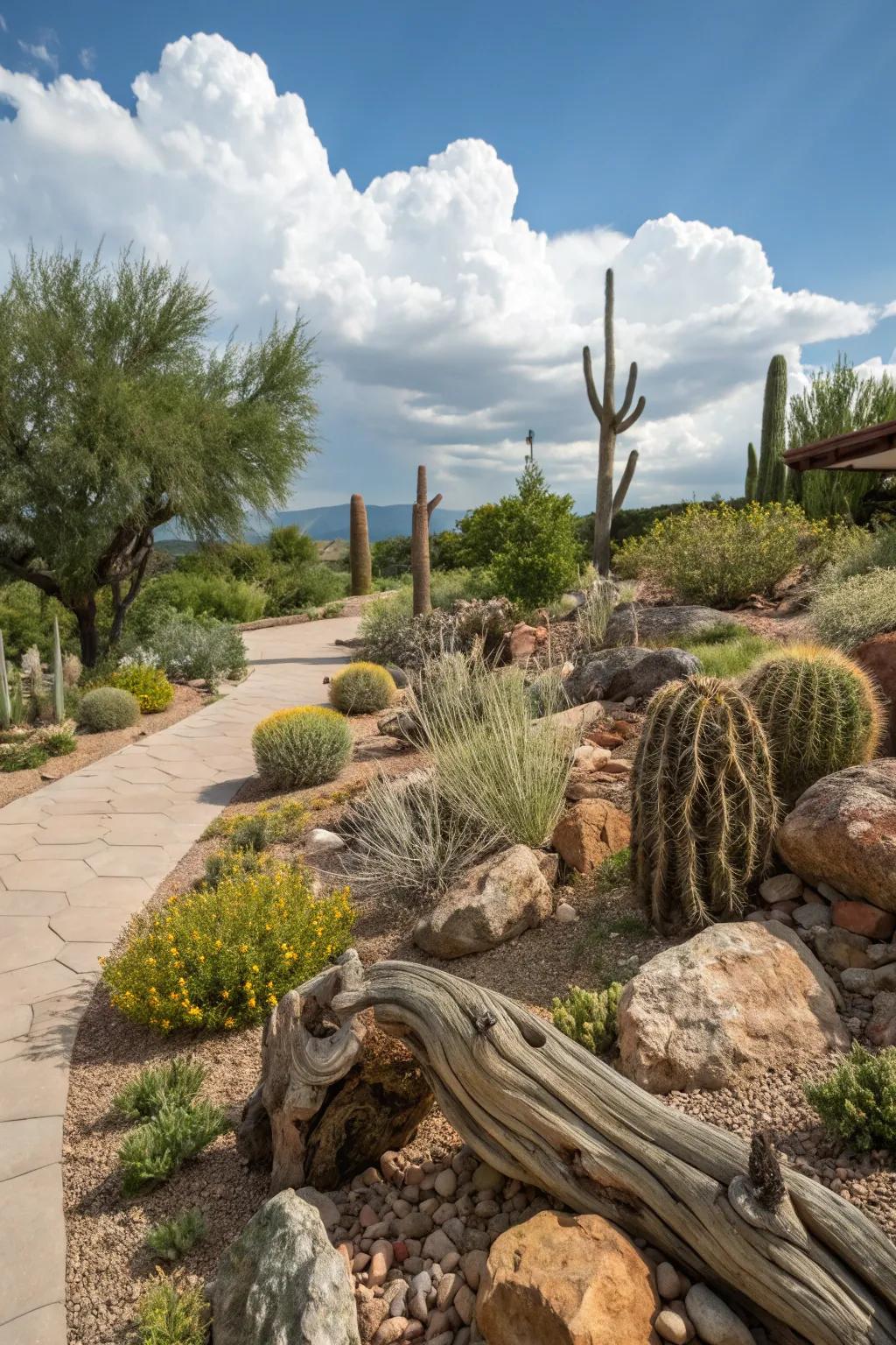 Driftwood adds texture and artistic flair to xeriscaping.