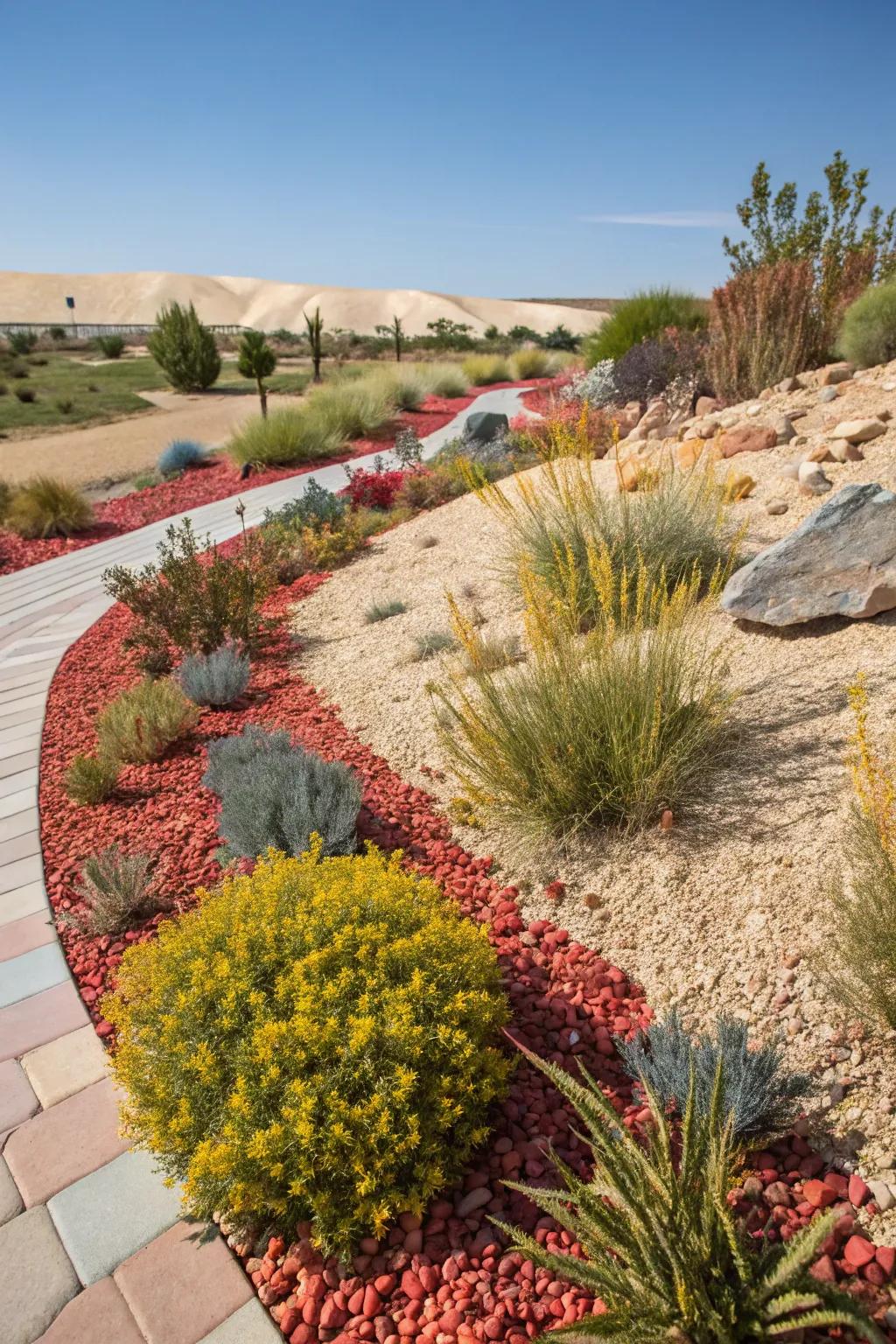 Colorful gravel mulch adds visual interest and practicality.
