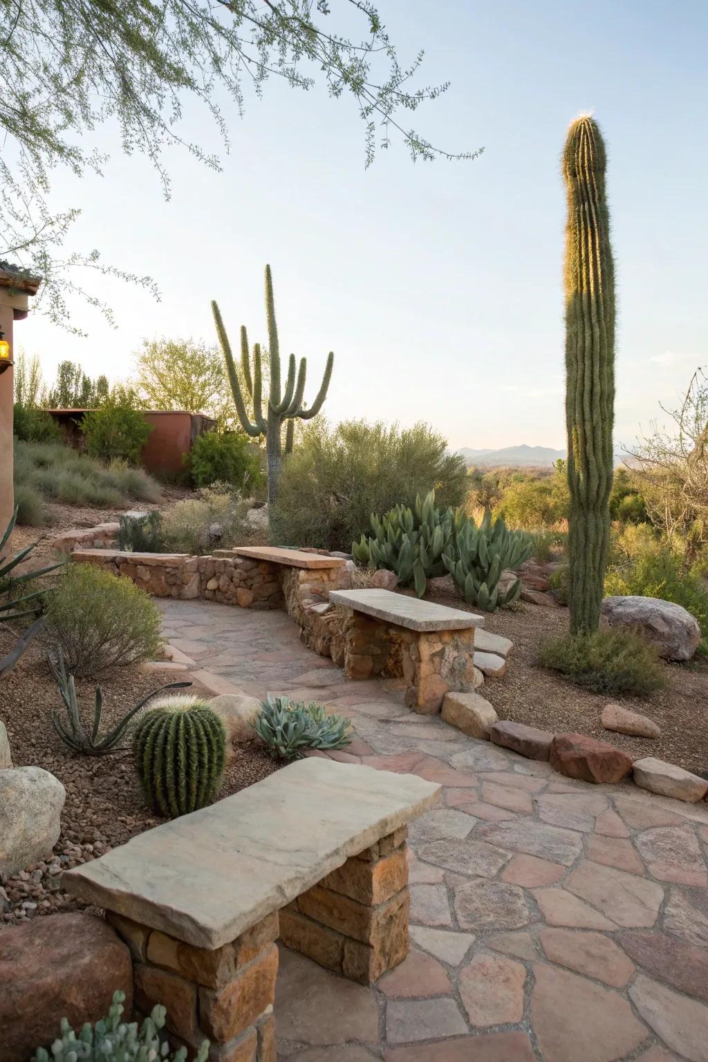 Desert-inspired seating areas offer relaxation and style in xeriscaping.
