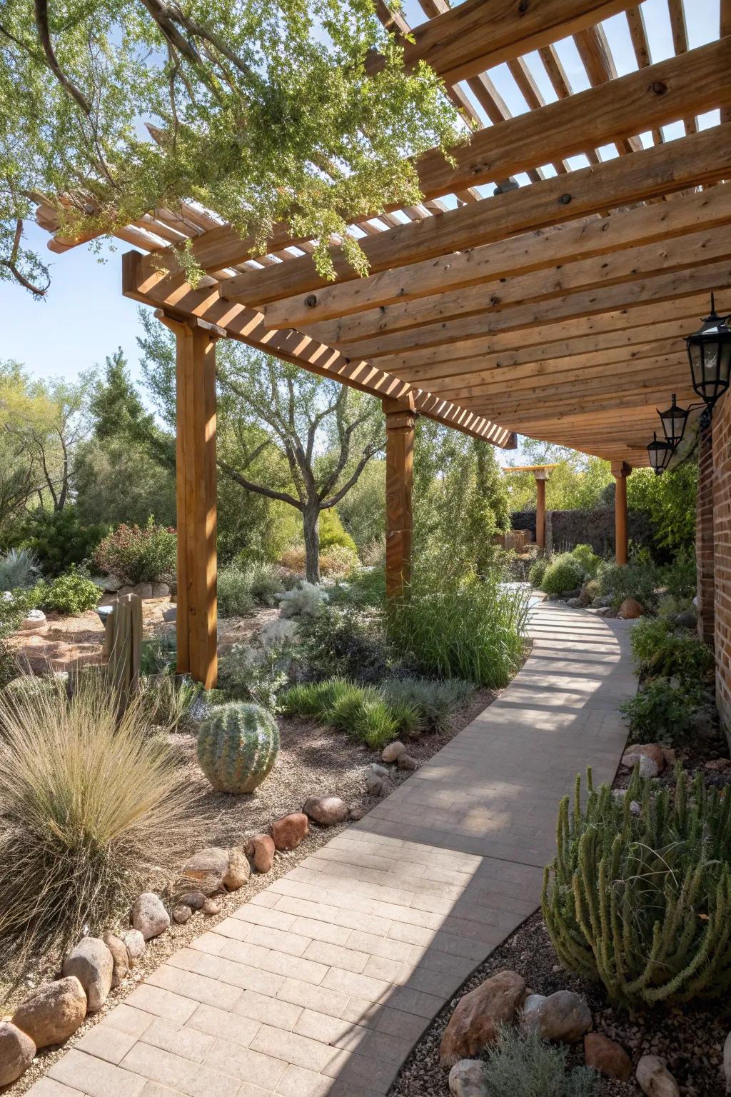 Shade structures offer protection and enhance the visual appeal of xeriscaping.