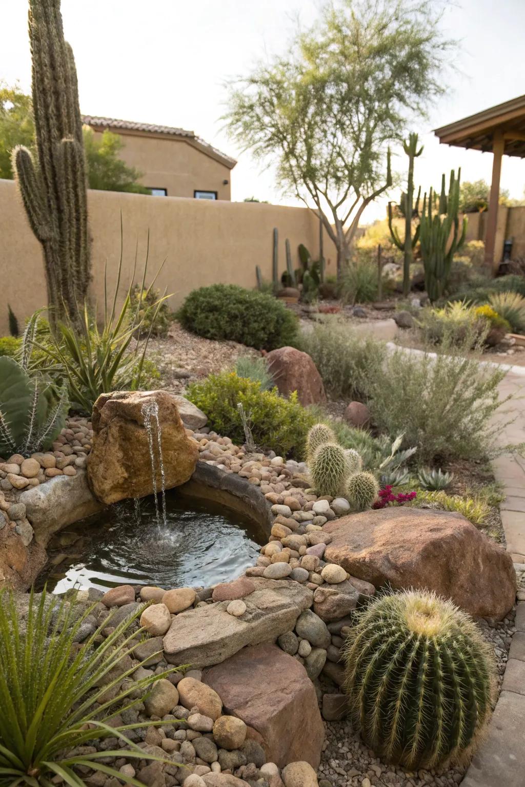 A subtle water feature adds tranquility and charm to a xeriscape.