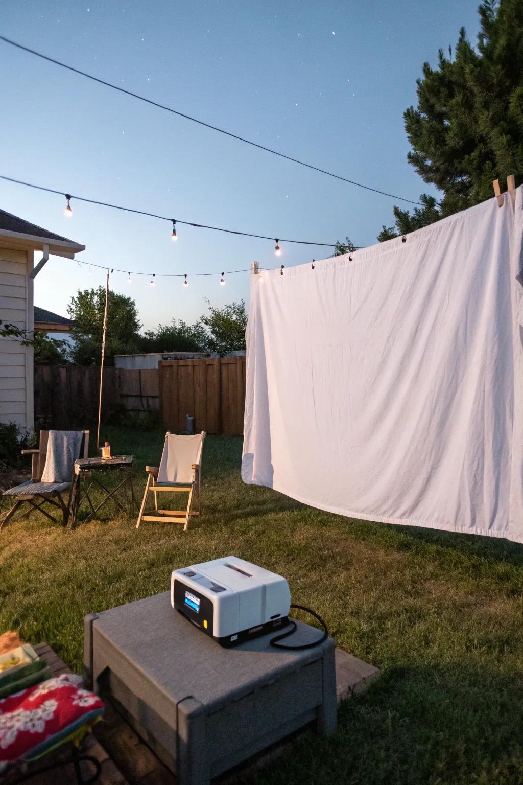 A nostalgic and cost-effective outdoor movie setup.