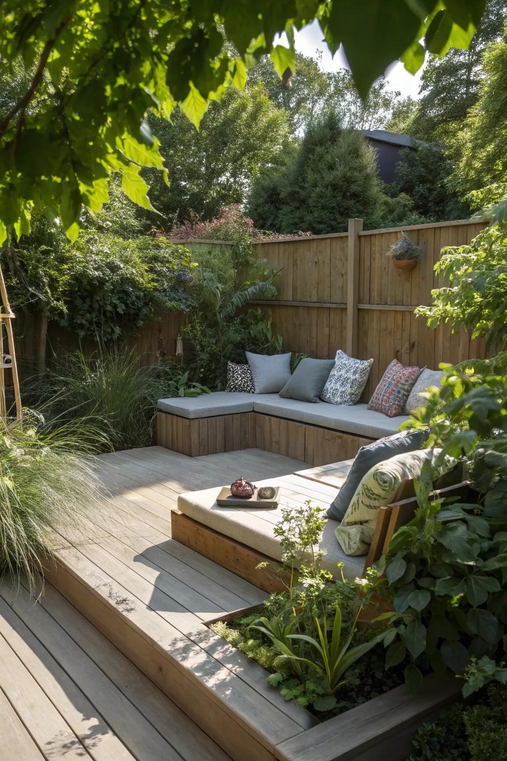 A cozy sunken seating area on a deck for intimate gatherings.