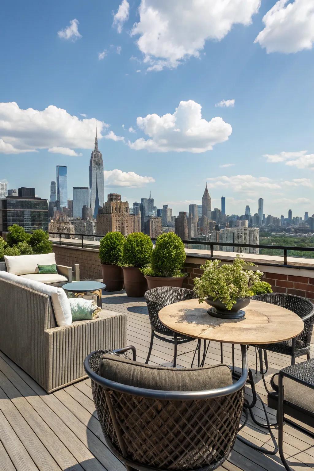 A serene rooftop deck offering beautiful views and relaxation.