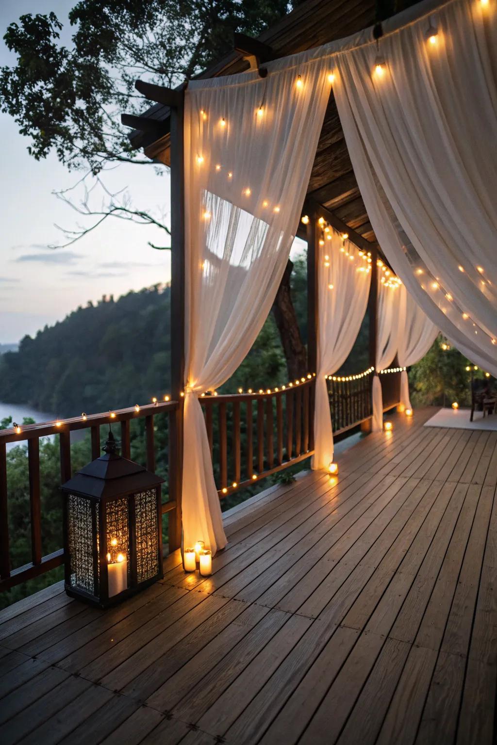 A romantic deck space featuring a flowing canopy and soft lighting.