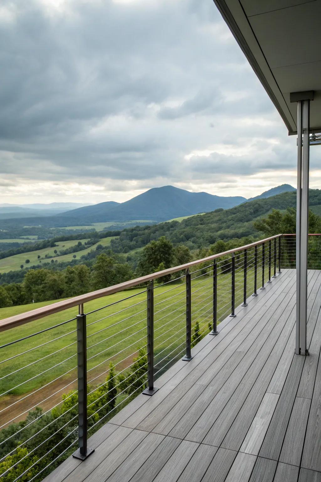 A deck with cable railings ensuring clear views and safety.