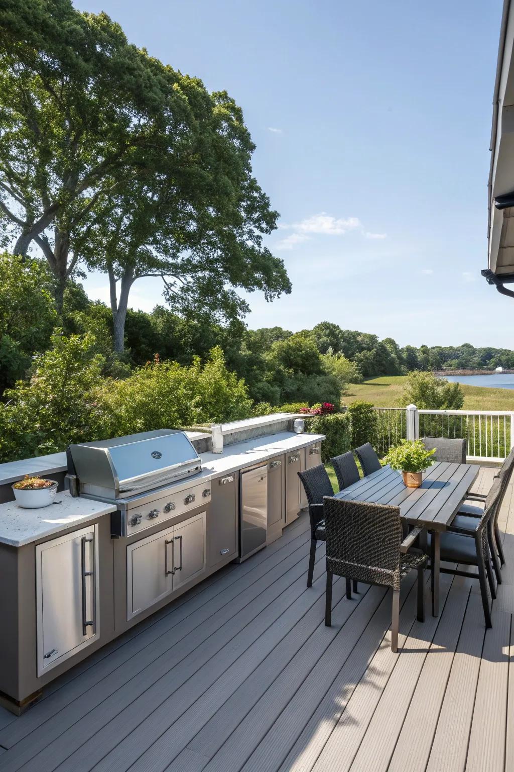 A deck with an outdoor kitchen perfect for al fresco dining.