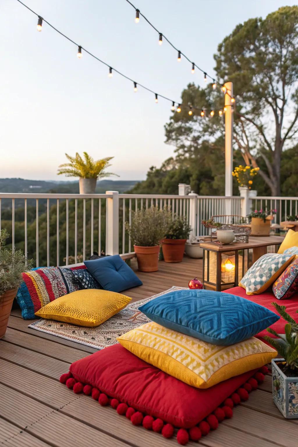 A vibrant deck space enhanced with colorful decor and cushions.