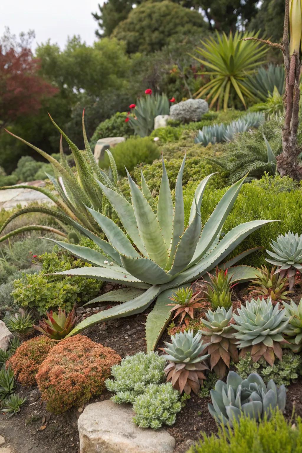 Aloe vera with textured plants adds depth and interest