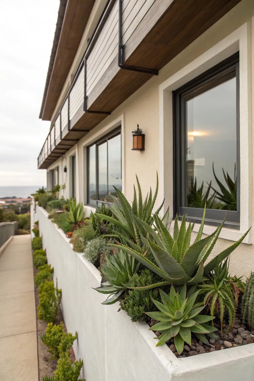Window boxes with Aloe vera offer chic exterior decoration