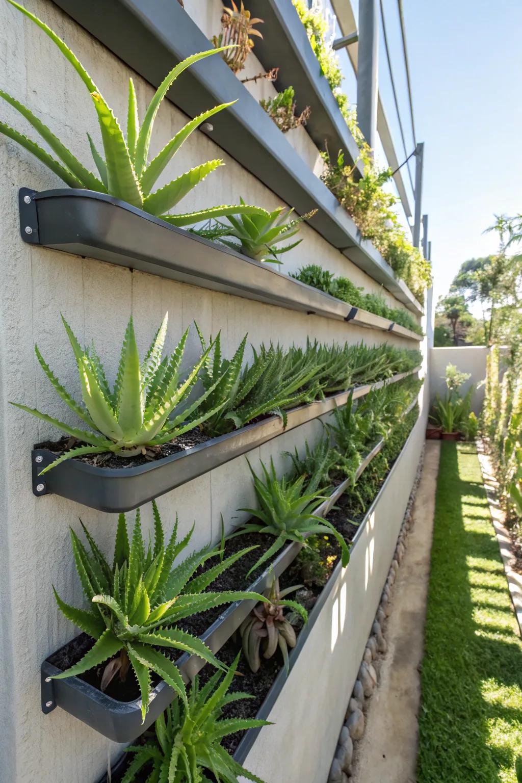 Aloe vera in vertical planters adds greenery to vertical spaces