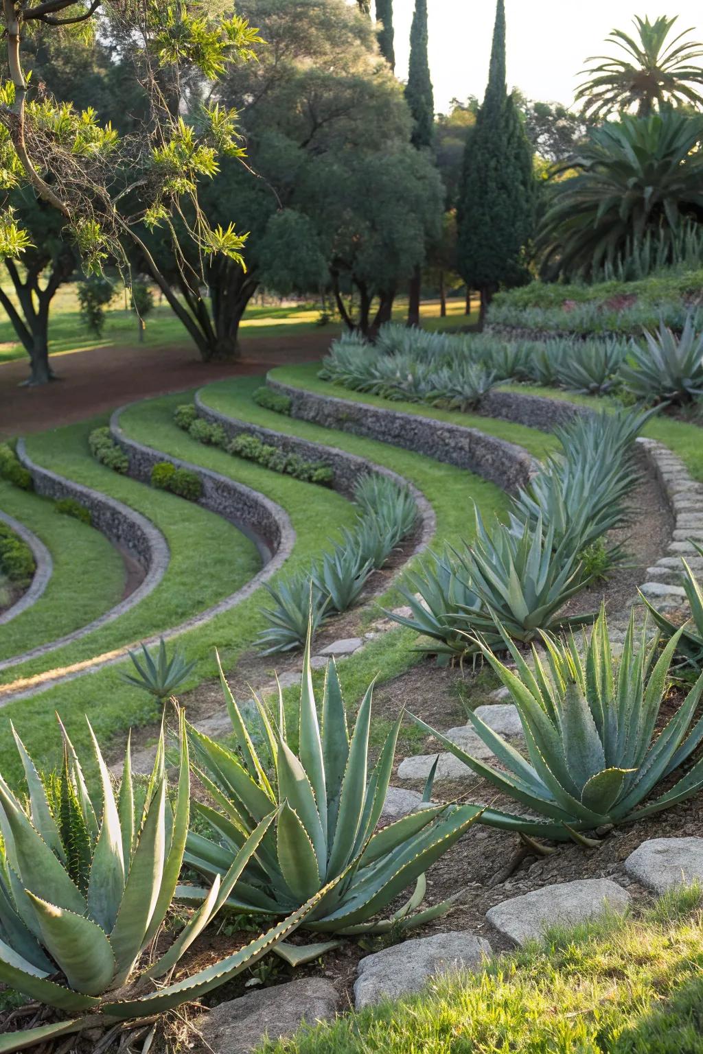 Curved Aloe vera arrangement adds artistic movement to the garden