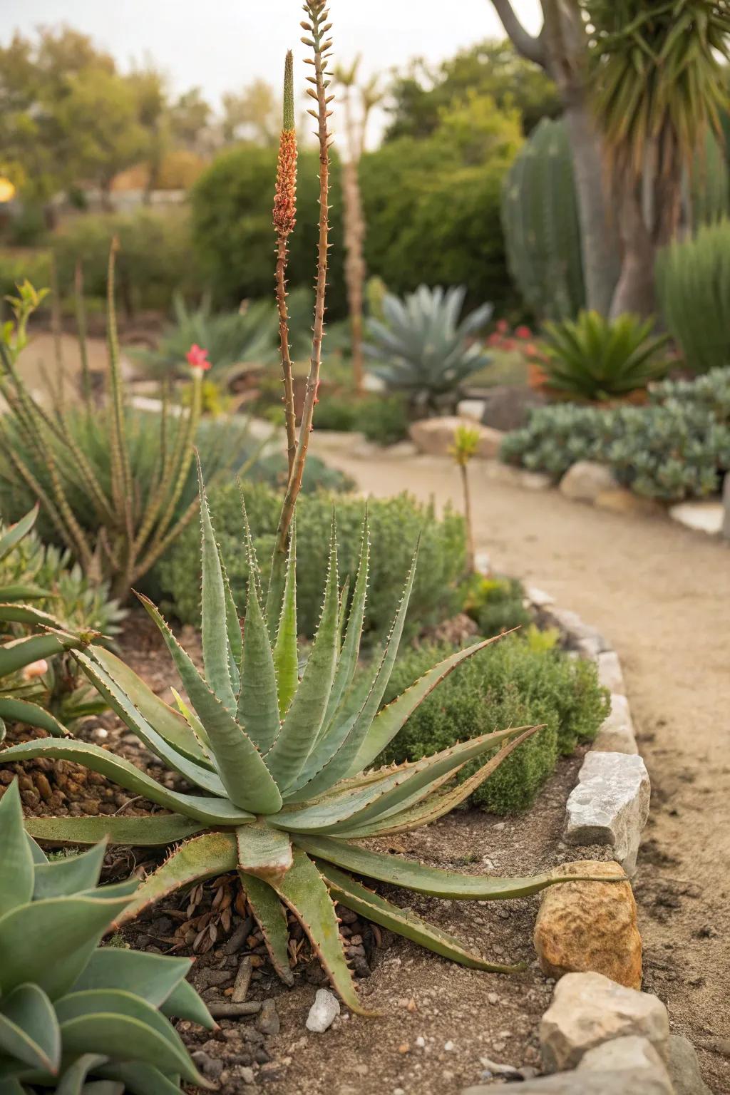 Aloe vera takes center stage in this water-wise succulent garden