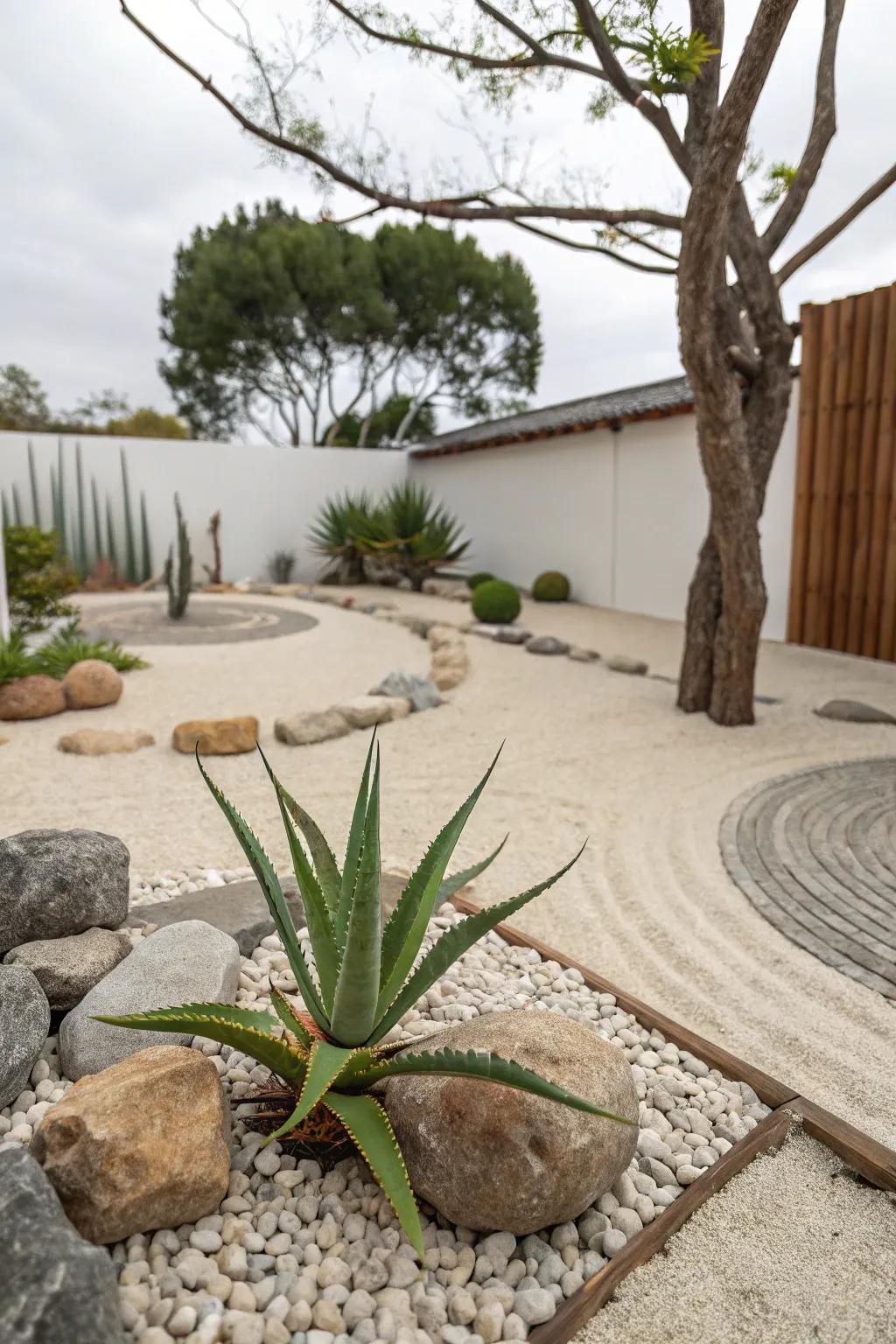 Aloe vera enhances the calming effect of this Zen garden