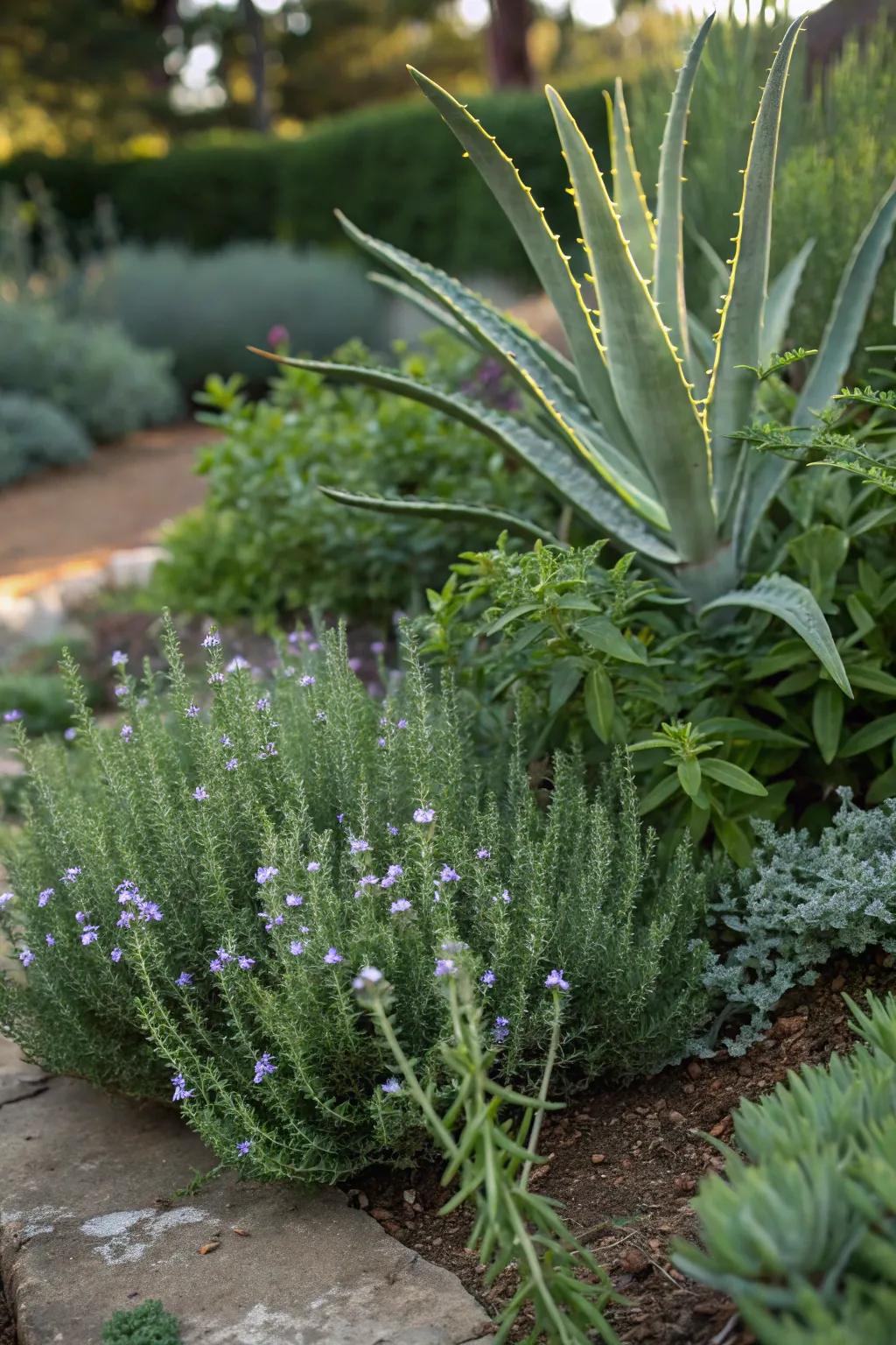 Aloe vera with herbs creates a functional and fragrant garden