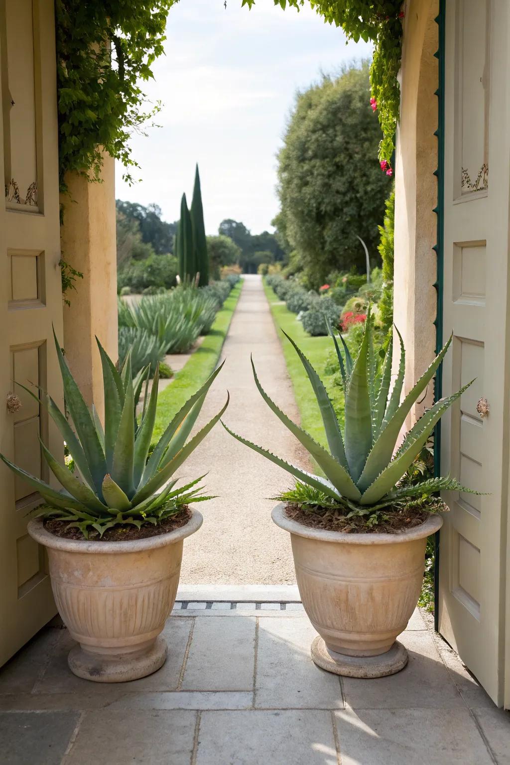 Symmetrical Aloe vera plants create a welcoming entrance