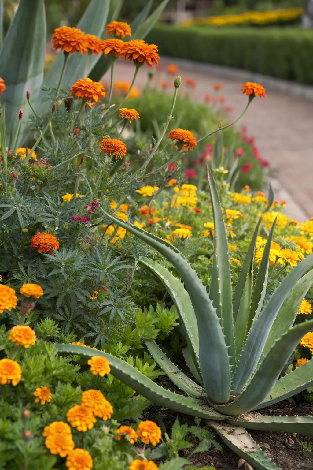 Aloe vera with marigolds and lantanas adds vibrant color to the garden