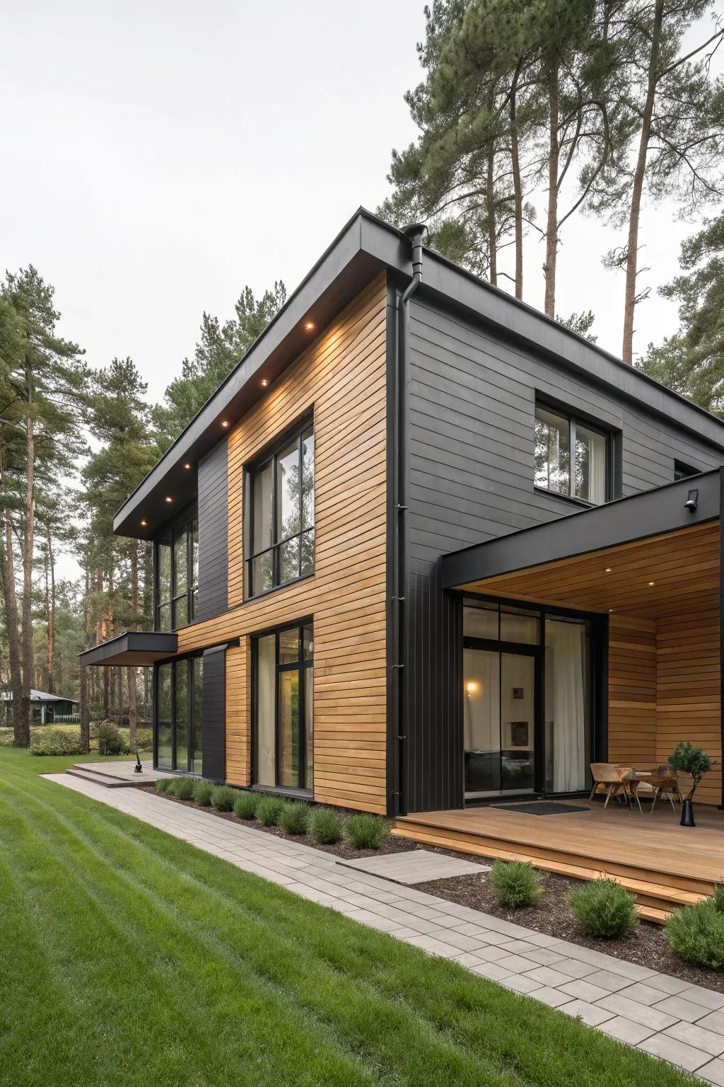 Dark hues meet natural warmth in this chic design.