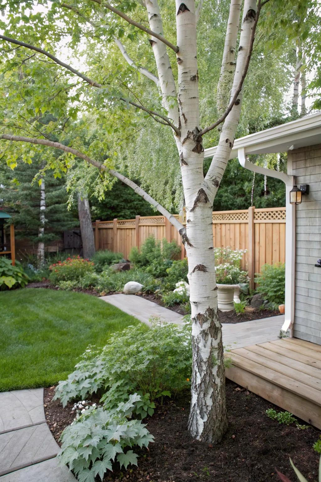 A white birch tree adding elegance and beauty to the backyard landscape.