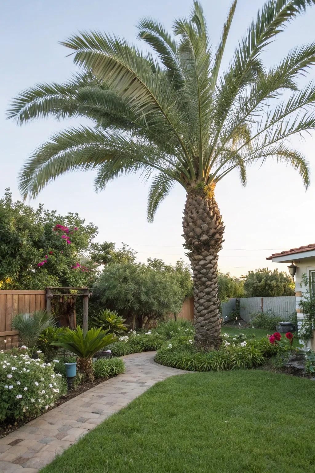 A Chusan Palm tree bringing a tropical ambiance to a backyard.