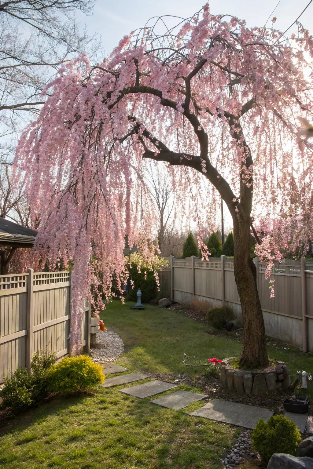 A weeping cherry tree in full bloom, offering a dramatic and beautiful display.