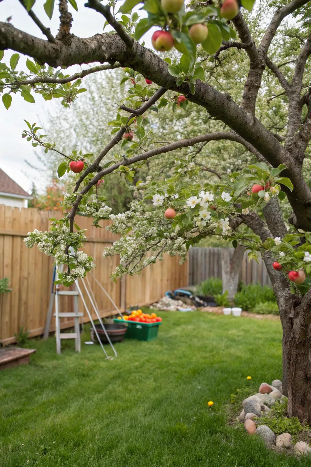 A crabapple tree creating a fairy tale atmosphere with its blossoms and fruit.
