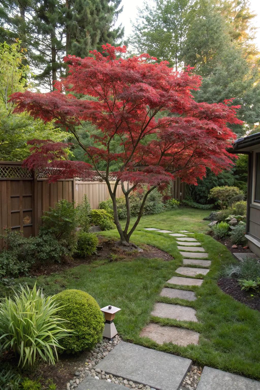 A Japanese Maple tree adding dramatic color to a backyard setting.