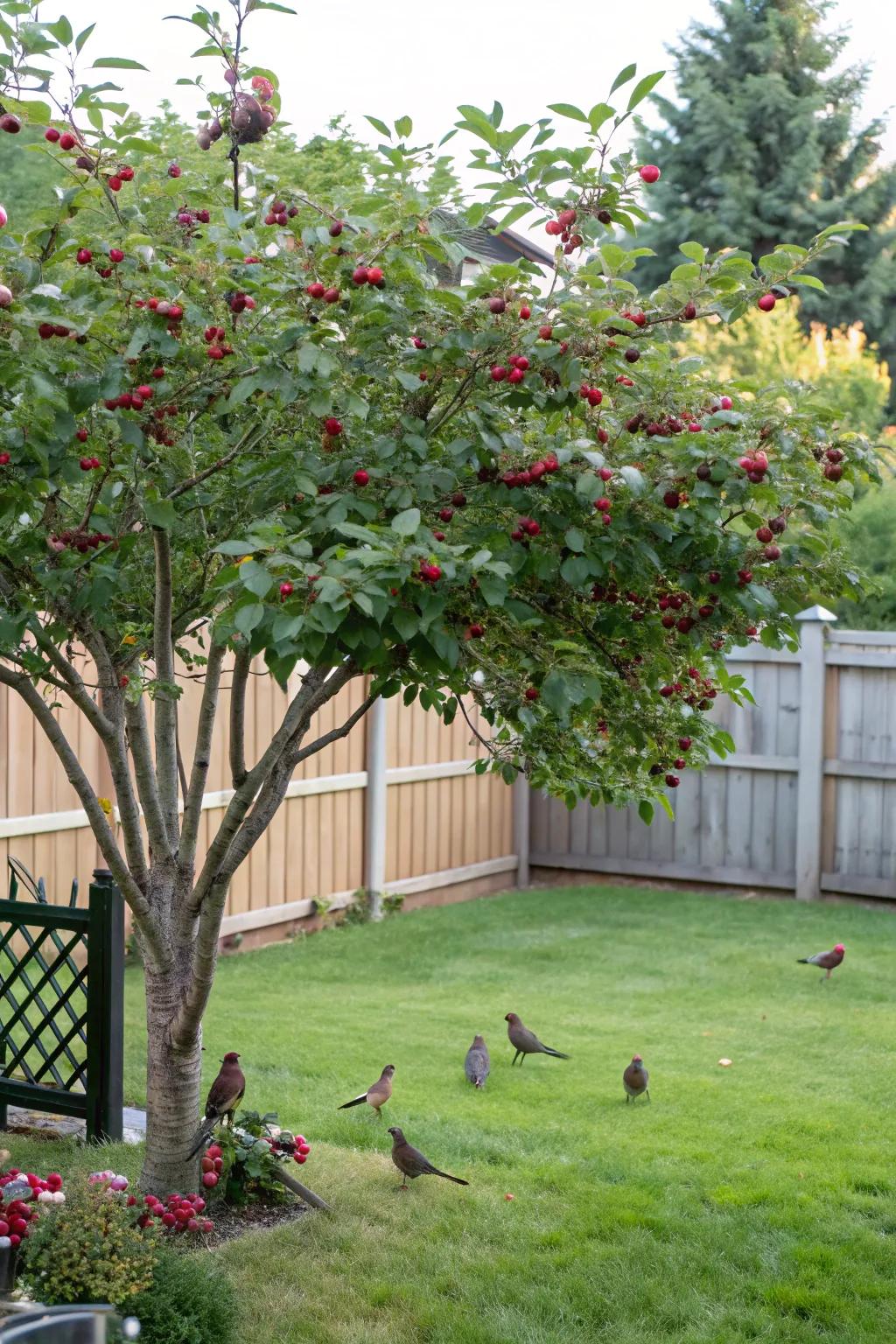 A serviceberry tree teeming with berries, a haven for local wildlife.