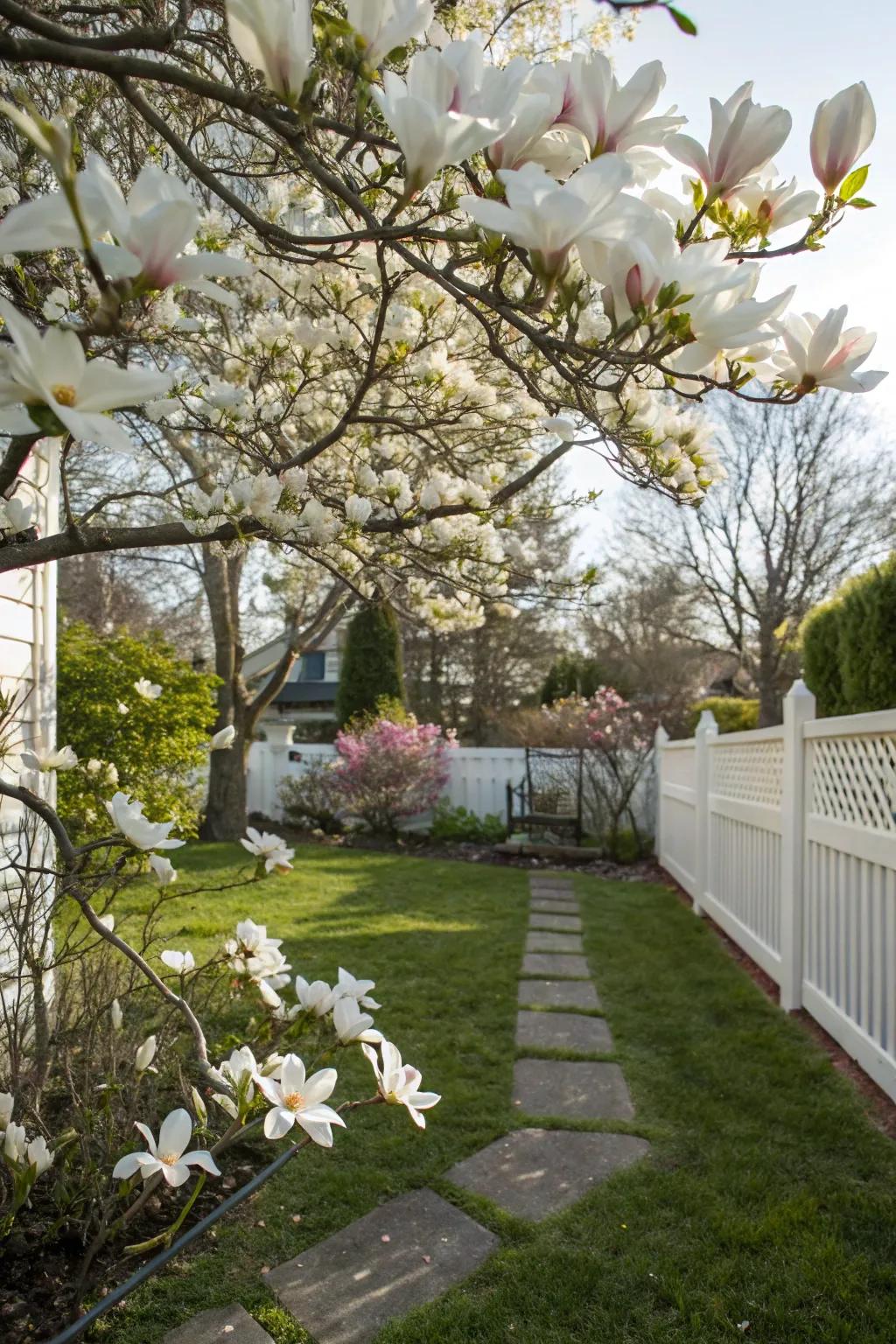 A magnificent magnolia tree in full bloom, filling the air with its sweet scent.
