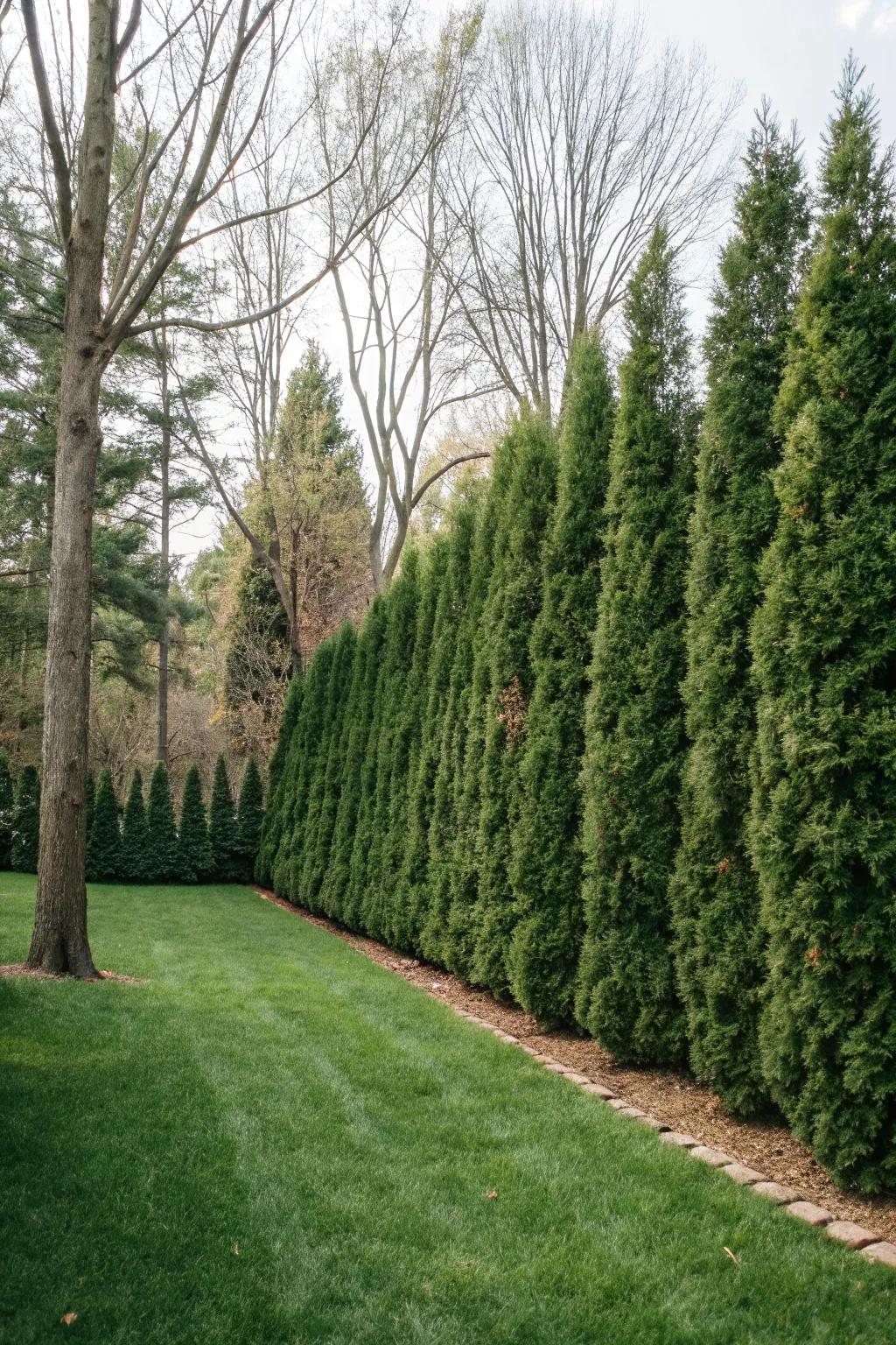 Arborvitae trees forming a natural and elegant privacy screen.