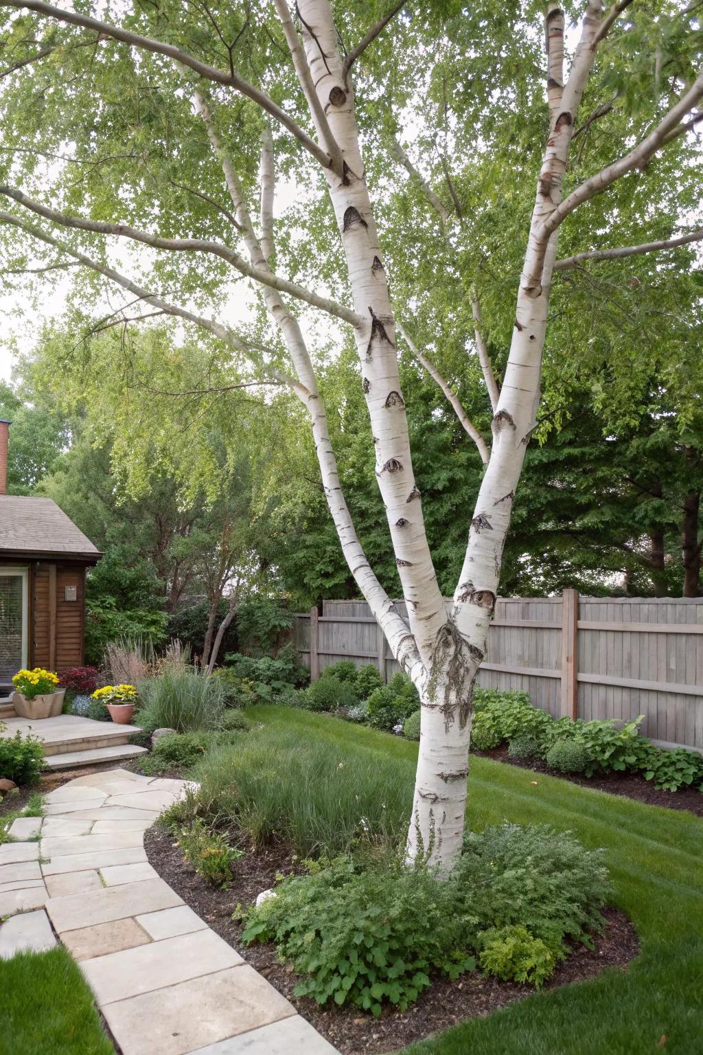 A silver birch tree adding simple elegance with its striking white bark.