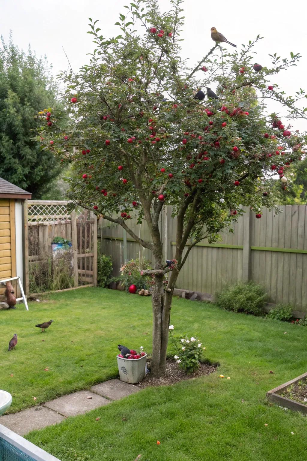 A Washington Hawthorn tree inviting birds with its plentiful berries and blossoms.